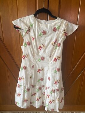 White Floral Embroidered Ruffle-Hem Dress